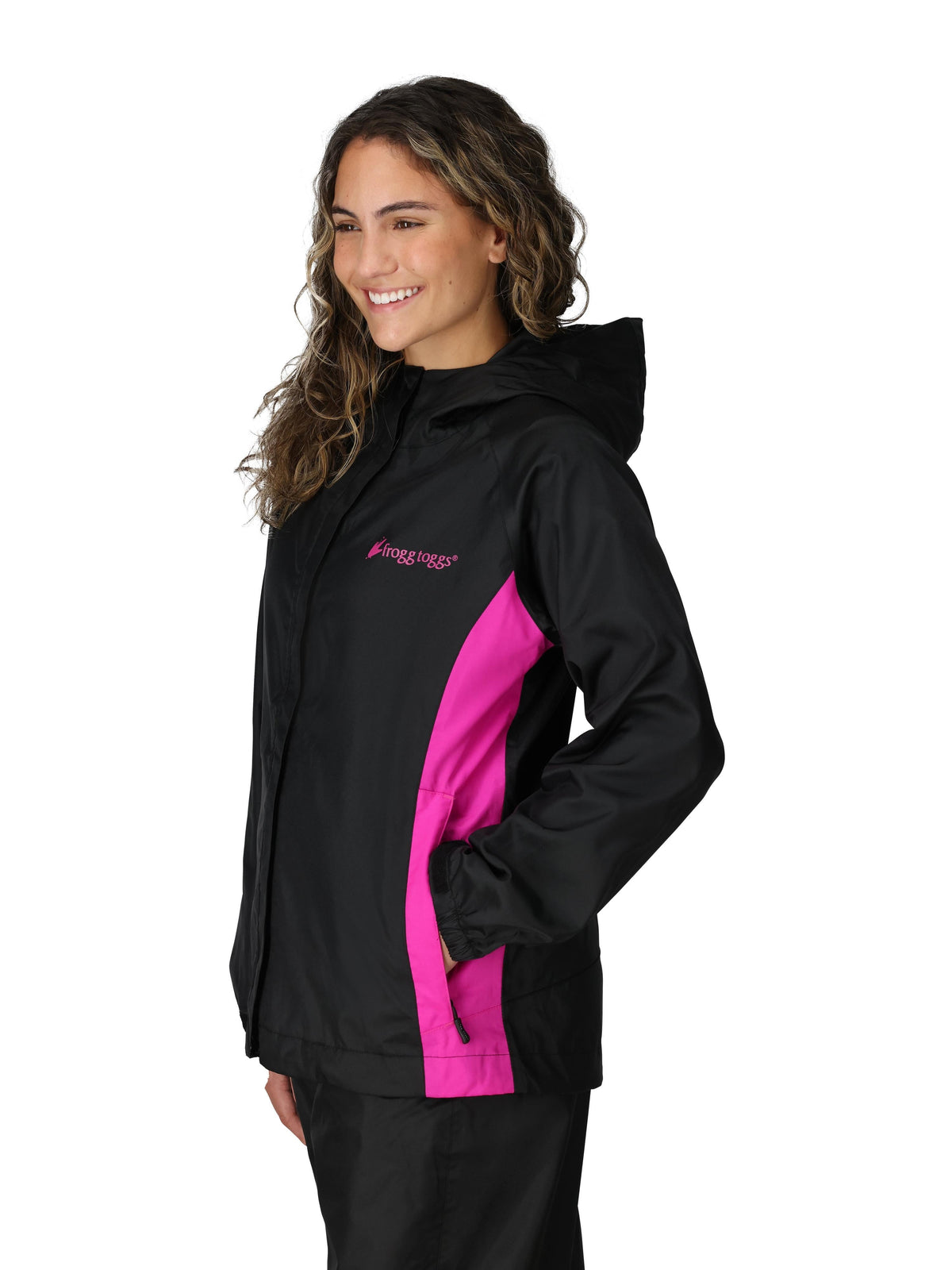 Frogg Toggs StormWatch Jacket, Waterproof Jacket for Women with Adjustable Hood, Black/Pink, Extra Large