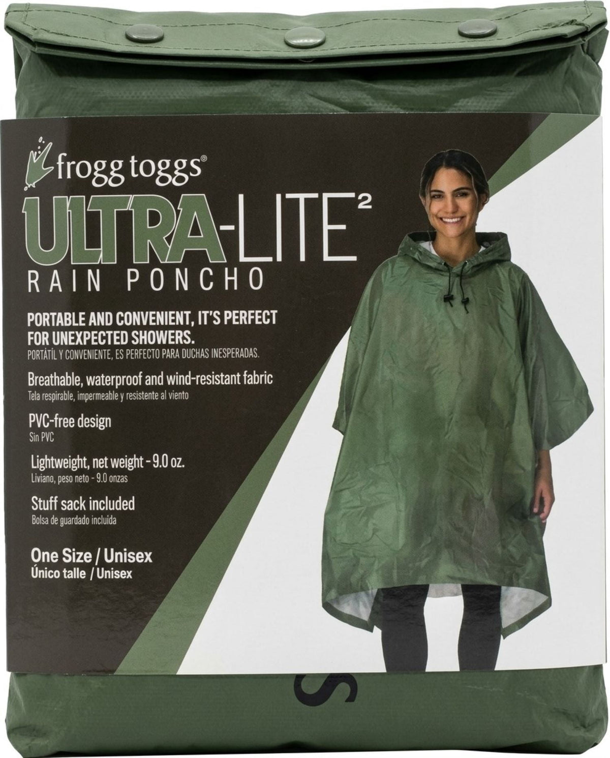 Frogg Toggs Ultra-Lite2 Rain Poncho for Adults, Packable Emergency Poncho, OD Green, One-Size